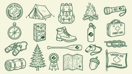 Collection of hand-drawn outdoor adventure and scouting icons on a textured background. © KN collection
