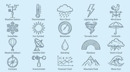 Naklejka premium Collection of weather-related icons and symbols, including a weather station, sun, rain cloud, lightning bolt, and compass.