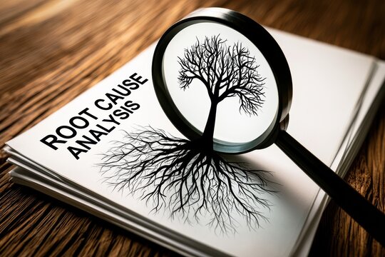 Magnifying glass examining a drawing of a tree with roots representing root cause analysis