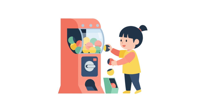 Young girl using a colorful vending machine for snacks.
