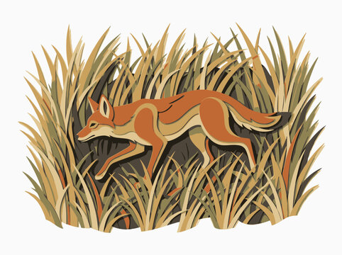 Coyote vector prowling through dry tall grass in the wild