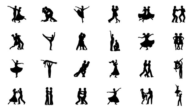 Collection of 24 diverse black silhouette figures in various dance poses, vector icons featuring figure, icon, couple with movement and performance