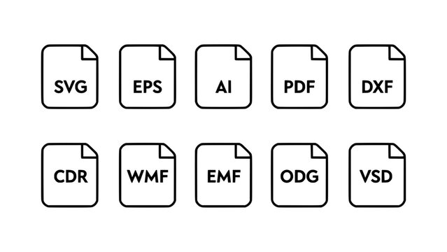 Collection of ten common vector file format icons arranged in two rows on a white background featuring icon, graphic, design with svg and eps