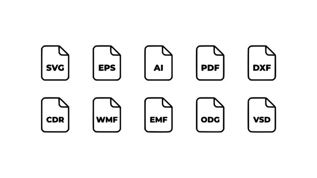 Collection of ten different file format icons arranged in two rows, vector graphic featuring icon, design, svg with eps and ai elements for pdf, dxf