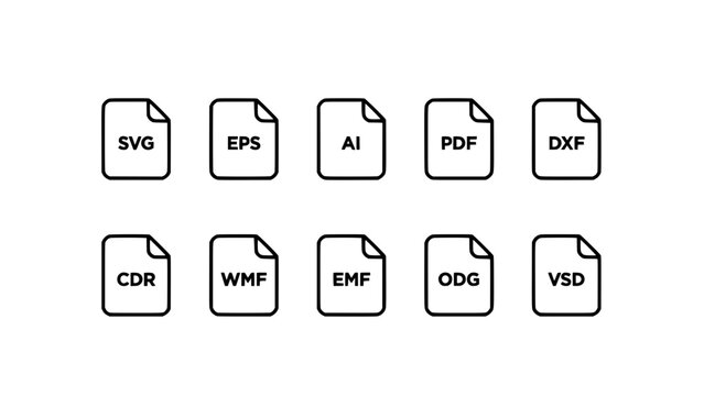 Collection of ten vector file format icons, including svg, eps, ai, pdf, dxf, cdr, wmf, emf, odg, and vsd