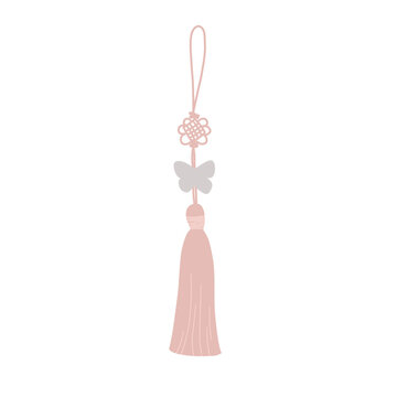 Hand-drawn Korean traditional norigae with pink tassel and beige butterfly, isolated PNG element