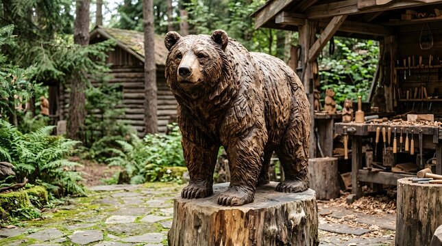 Large Wooden Bear Sculpture Carved on a Tree Stump Outside a Forest Workshop