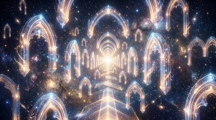 Abstract cosmic portal with glowing gothic arches in deep space