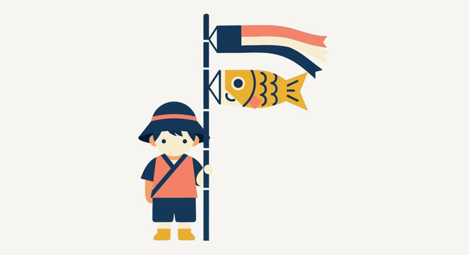 Traditional Japanese carp kite and child illustration.