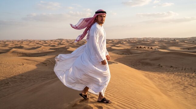 Arab man in traditional clothing walking on sand dunes in the desert