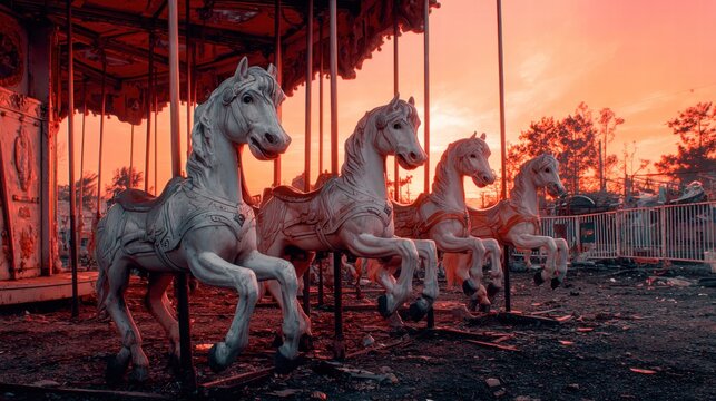 An eerie carousel scene with white horses against a vibrant sunset sky creates a haunting atmosphere.