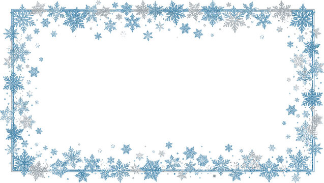 Blue and silver snowflake border frame for winter holiday greeting card and festive Christmas invitation design