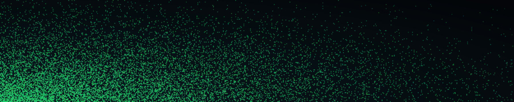 Green pixel dispersion matrix on black backdrop, representing digital code flow, big data visualization, and technological cyber space