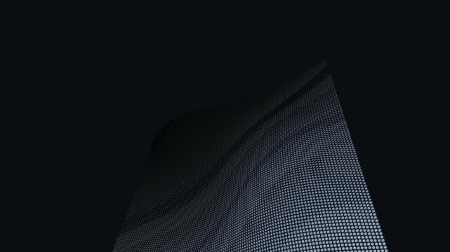 Abstract digital wave of glowing particles, 3D halftone grid undulating on dark background, procedural animation generated with Python code, cyber technology data visualization video loop.