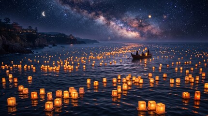 Floating lanterns on ocean under starry milky way night sky