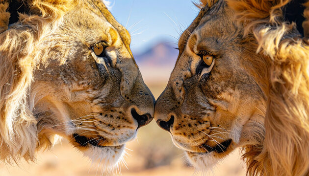 Two lions touching noses in savannah