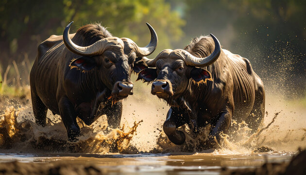 Two African buffalo running through shallow water landscape