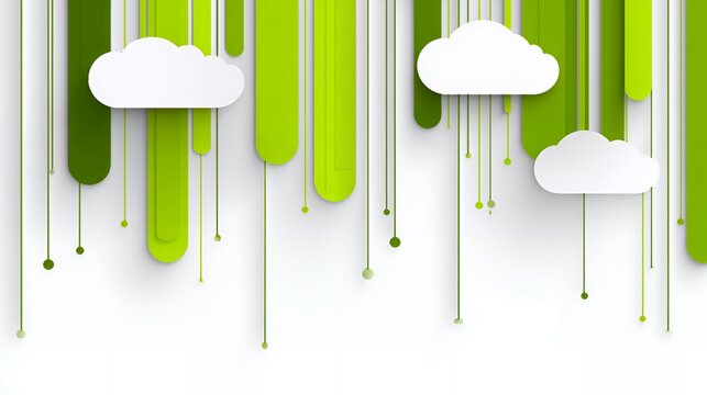 Flat paper cut style background with green vertical lines and white clouds symbolizing eco friendly cloud data and green technology