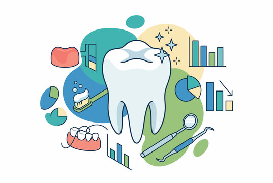 Dental Health Data Analysis Graphic with Tooth Icons and Charts