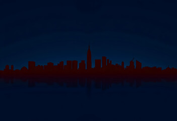 Fototapeta premium City skyline silhouette under dark blue sky with reflection