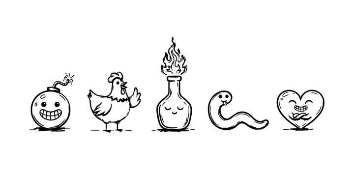 Cartoon Objects Including a Bomb, Chicken, Potion, Worm, and Heart with Faces Featuring Playful, Whimsical, Illustration
