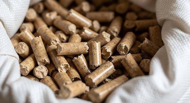 Close up of compressed wood pellet fuel inside fabric sack with renewable