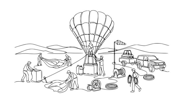Hot Air Balloon Inflation and Preparation with Team and Equipment