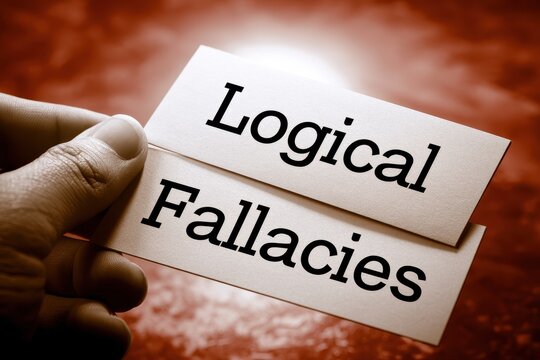 A person holding two cards showing the words Logical Fallacies
