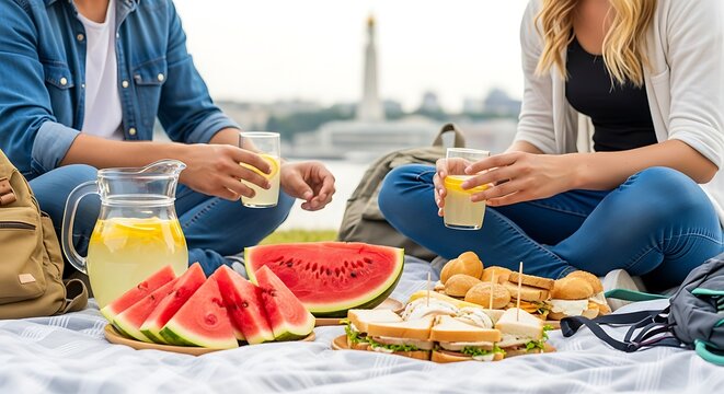 Outdoor summer picnic with fresh watermelon slices, club sandwiches, and lemonade pitcher shared by a couple on a striped blanket with a blurred urban city skyline in the background.