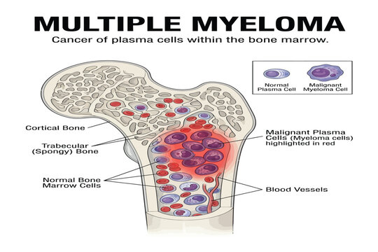 Diagram showing malignant plasma cells in bone marrow.