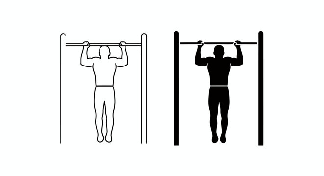 Two silhouettes performing pullups on parallel bars, one white outline and one solid black, showcasing athletic strength and upper body training.