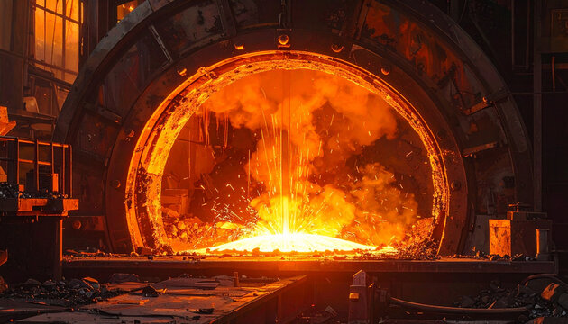 Molten metal pouring from large furnace in industrial setting