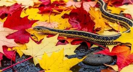 Obraz premium Snake on autumn leaves in water