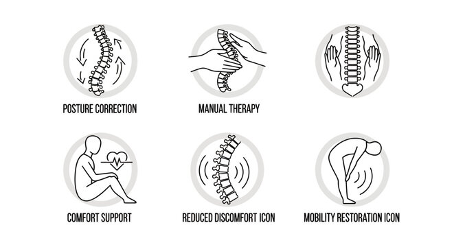 Set of medical therapy and rehabilitation icons focusing on posture correction and mobility improvement.