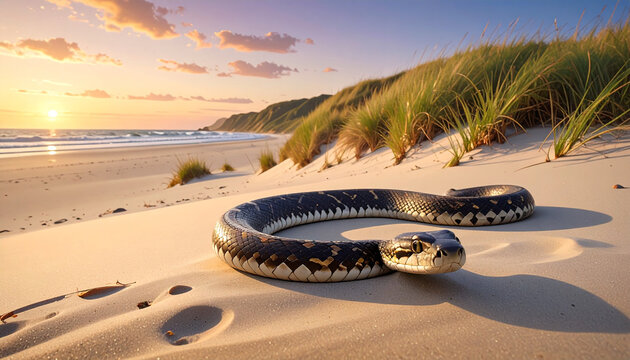 Snake on sandy beach at sunset