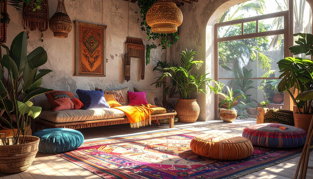 Bohemian living room with colorful pillows and plants indoor