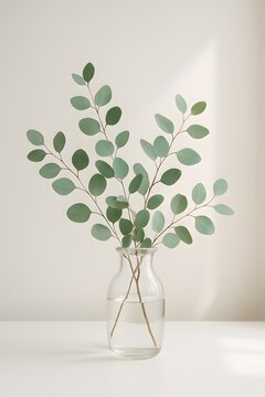 Fresh eucalyptus branches in clear glass vase on white table