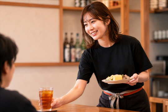 飲食店で料理を提供する女性スタッフ