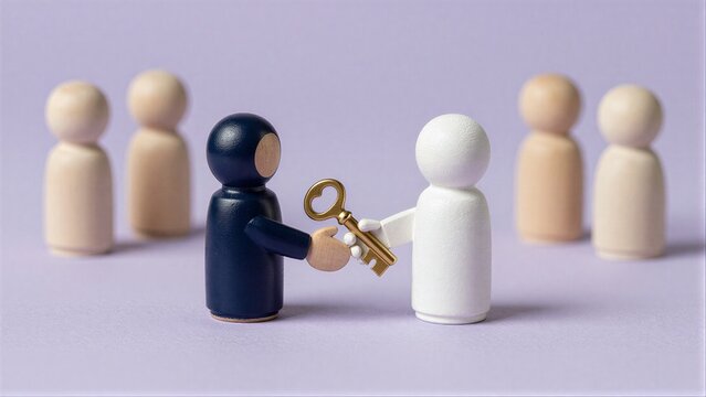 A blue figure hands a key to a white one, symbolizing trust or access.