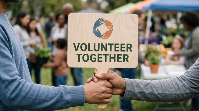 Diverse People Holding Volunteer Together Sign At Neighborhood Festival Promoting Community Service And Unity