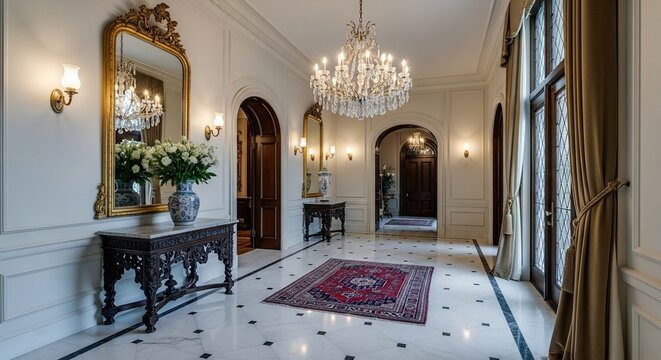 Luxurious hallway interior with marble floor and chandelier