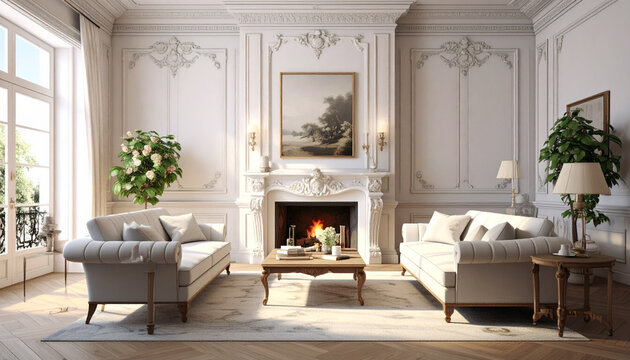 Elegant living room with fireplace and white furniture