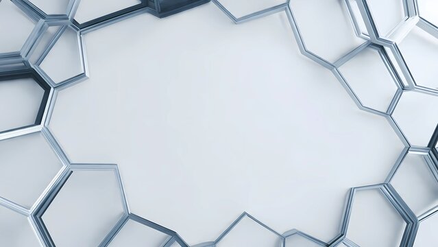Abstract 3D crystal glass frame background with silver hexagon grid. Futuristic tech honeycomb structure layout with frozen metallic cells and center copy space for science presentation