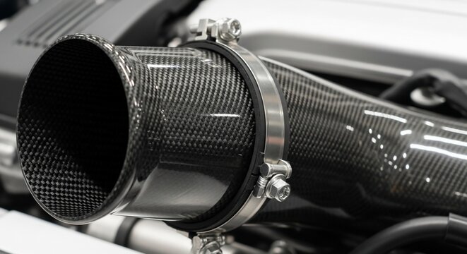 Carbon fiber car engine air intake pipe close-up
