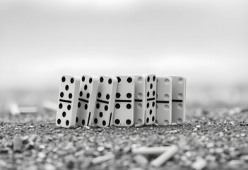 Fototapeta na wymiar Toppling dominoes on gravel in foggy outdoor setting