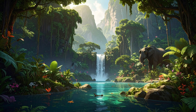 Tropical jungle landscape with waterfall river and elephant