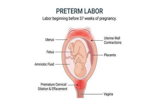 Diagram showing preterm labor with uterine contractions and cervical dilation before 37 weeks.