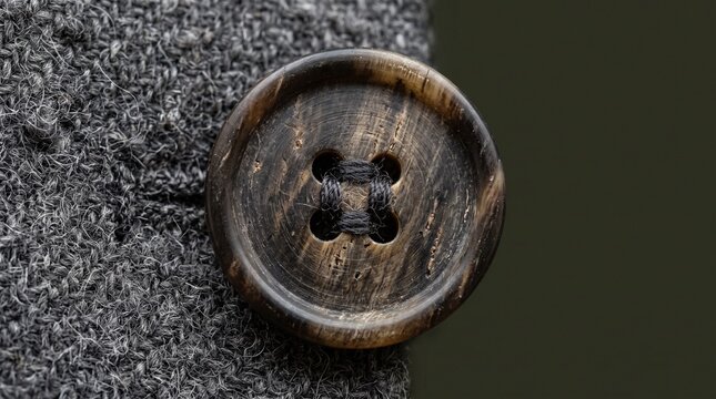 Close up of a dark brown horn button sewn onto grey knitted fabric