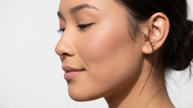 Close up profile of a young Asian woman with natural makeup and subtle ear piercings