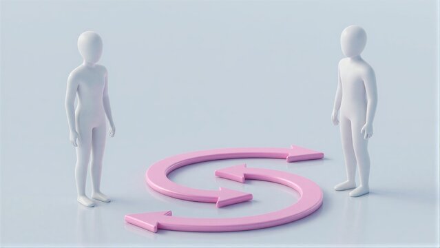 Three white figures stand around a pink circular arrow symbolizing cycles or feedback.